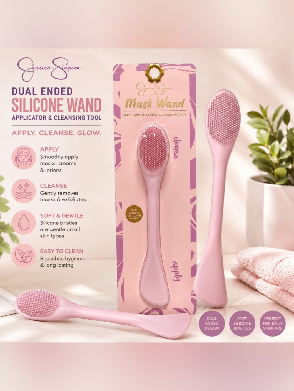 Jessica Simpson Dual Ended Silicone Wand Applicator & Cleansing Tool in Pink‎